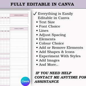 Puede incluir: Una plantilla digital con un dise&ntilde;o en morado claro y blanco, con un dise&ntilde;o de lista de verificaci&oacute;n y el texto "FULLY EDITABLE IN CANVA". La imagen tambi&eacute;n enumera caracter&iacute;sticas como el tama&ntilde;o del texto, la elecci&oacute;n de fuente y la adici&oacute;n de im&aacute;genes.