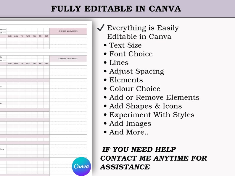 Puede incluir: Una plantilla digital con un dise&ntilde;o en morado claro y blanco, con un dise&ntilde;o de lista de verificaci&oacute;n y el texto "FULLY EDITABLE IN CANVA". La imagen tambi&eacute;n enumera caracter&iacute;sticas como el tama&ntilde;o del texto, la elecci&oacute;n de fuente y la adici&oacute;n de im&aacute;genes.