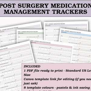 May include: A collection of printable medication trackers with the text "POST SURGERY MEDICATION MANAGEMENT TRACKERS." The trackers are in various pastel colors and include a Canva template link. The included size is Standard US Letter.
