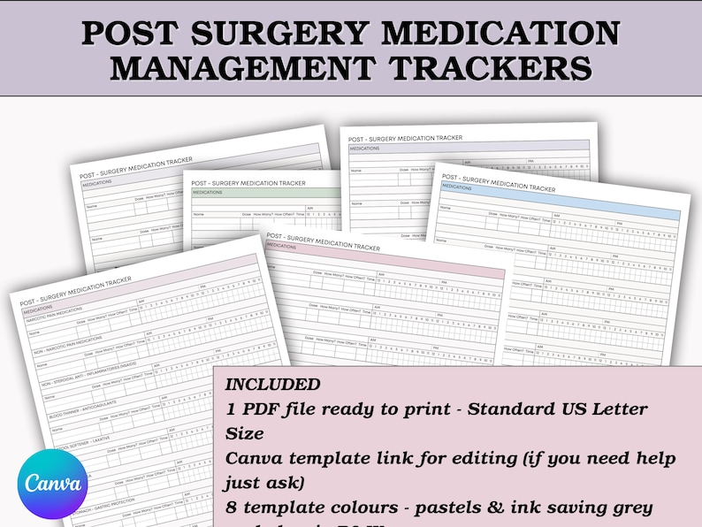 May include: A collection of printable medication trackers with the text "POST SURGERY MEDICATION MANAGEMENT TRACKERS." The trackers are in various pastel colors and include a Canva template link. The included size is Standard US Letter.