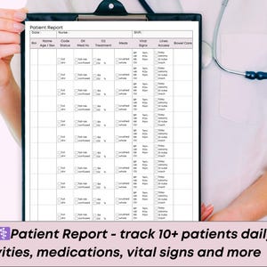 Peut inclure: Un formulaire de rapport patient sur un presse-papiers. Le formulaire comprend des sections pour les donn&eacute;es des patients, les signes vitaux, les m&eacute;dicaments et les traitements. Le texte en bas indique "Patient Report - track 10+ patients daily activities, medications, vital signs and more."