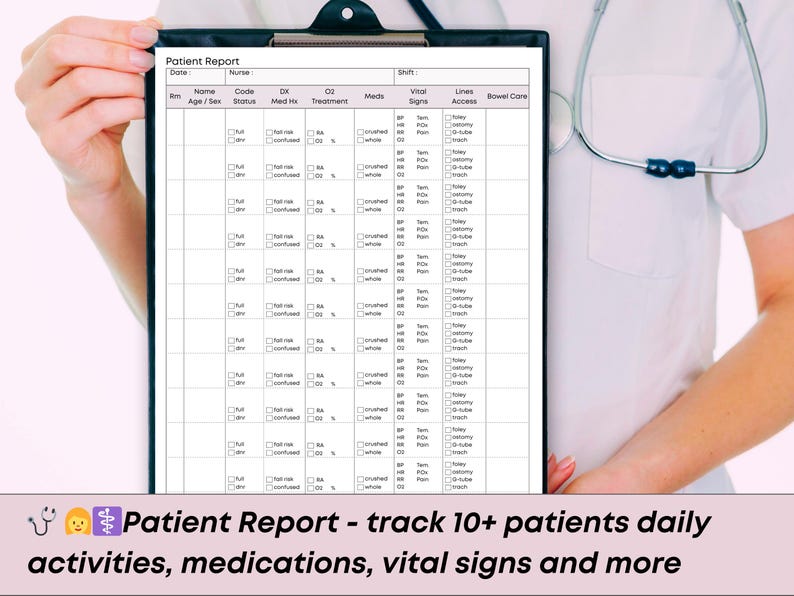 Peut inclure: Un formulaire de rapport patient sur un presse-papiers. Le formulaire comprend des sections pour les donn&eacute;es des patients, les signes vitaux, les m&eacute;dicaments et les traitements. Le texte en bas indique "Patient Report - track 10+ patients daily activities, medications, vital signs and more."