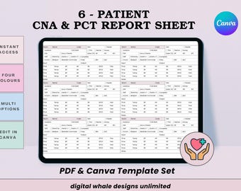 CNA PCT-rapportblad: overdracht 6 patiënten, vitale functies, medicijnen, I/O (afdrukbare pdf + Canva)
