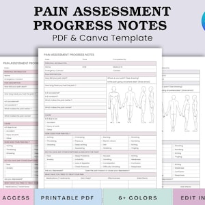 Op de afbeelding: Een stapel afdrukbare PDF- en Canva-sjablonen voor voortgangsnotities voor pijnbeoordeling. De formulieren bevatten secties voor persoonlijke informatie, pijnomschrijving, oorzaak en symptomen. De tekst op de afbeelding luidt "PAIN ASSESSMENT PROGRESS NOTES PDF & Canva Template".