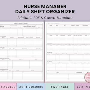 Könnte beinhalten: Eine druckbare PDF- und Canva-Vorlage für einen Nurse Manager Daily Shift Organizer. Das Dokument enthält einen Nurse Supervisor Report und einen Abschnitt für Labore und Diagnostik. Das Design ist weiß mit einem hellvioletten Hintergrund und enthält den Text "Instant Access".