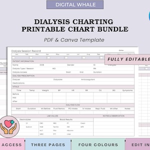 Puede incluir: Un paquete de gráficos de diálisis imprimibles con una plantilla PDF y Canva. El diseño incluye un registro de sesión de diálisis, información del paciente y secciones de signos vitales. El texto incluye "Totalmente editable", "Acceso instantáneo", "Tres páginas".