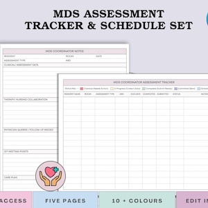 Peut inclure: Ensemble de suivi et de planification des &eacute;valuations MDS. L'image pr&eacute;sente des formulaires imprimables pour le suivi et la planification des &eacute;valuations. Les formulaires comprennent des sections pour les informations sur les r&eacute;sidents, les donn&eacute;es d'&eacute;valuation et les notes du coordinateur. Le design comprend le texte "Instant Access", "Five Pages", "10+ Colours", et "Edit in Canva".