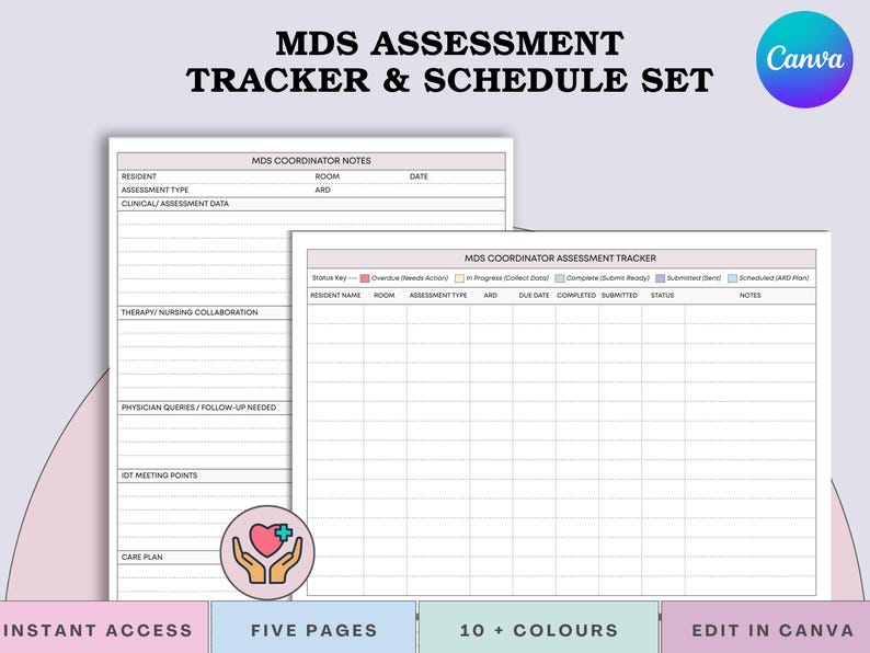 Peut inclure: Ensemble de suivi et de planification des &eacute;valuations MDS. L'image pr&eacute;sente des formulaires imprimables pour le suivi et la planification des &eacute;valuations. Les formulaires comprennent des sections pour les informations sur les r&eacute;sidents, les donn&eacute;es d'&eacute;valuation et les notes du coordinateur. Le design comprend le texte "Instant Access", "Five Pages", "10+ Colours", et "Edit in Canva".