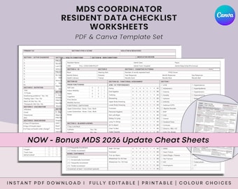 Puede incluir: Conjunto de hojas de trabajo MDS Coordinator Resident Data Checklist en formato PDF y plantilla de Canva con secciones organizadas para diagnóstico activo, condiciones de salud, nutrición, vacunación y revisión de medicamentos, además de hojas de referencia MDS 2026.