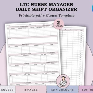 Op de afbeelding: Een afdrukbare sjabloon voor de dagelijkse dienstenorganisator van LTC-verpleegkundigen. Het document bevat secties voor patiëntinformatie, afspraken, beeldvorming en dagelijkse douches. De sjabloon is beschikbaar in 12+ kleuren en bewerkbaar in Canva.