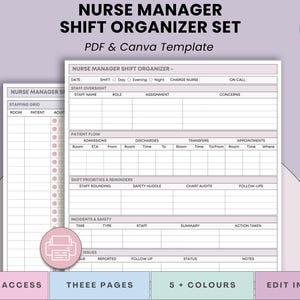Op de afbeelding: Een afdrukbare shift organizer set voor verpleegkundigen, beschikbaar als PDF- en Canva-sjabloon. Het ontwerp bevat secties voor shift details, personeelstoezicht, patiëntenstroom en incidentrapportage. De sjabloon is in tinten paars en wit.