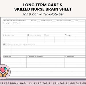 May include: A white PDF and Canva template set titled "Long Term Care & Skilled Nurse Brain Sheet." The design includes sections for shift reports, CNA assignments, and vital signs. The image also features a Canva logo and colour choices.