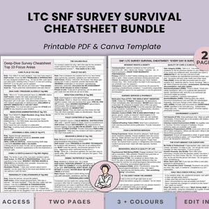 Könnte beinhalten: Ein druckbares PDF- und Canva-Template mit dem Titel "LTC SNF Survey Survival Cheatsheet Bundle". Das Dokument verfügt über ein zweiseitiges Layout mit detaillierten Informationen, einschließlich eines "Deep-Dive Survey Cheatsheet" und einem Abschnitt über "Qualität der Pflege & Klinik".