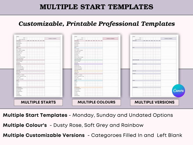 Puede incluir: Tres plantillas imprimibles con diferentes dise&ntilde;os y combinaciones de colores. Las plantillas est&aacute;n etiquetadas como "Multiple Starts", "Multiple Colours" y "Multiple Versions". El texto en la parte superior dice "Multiple Start Templates" y "Customizable, Printable Professional Templates".
