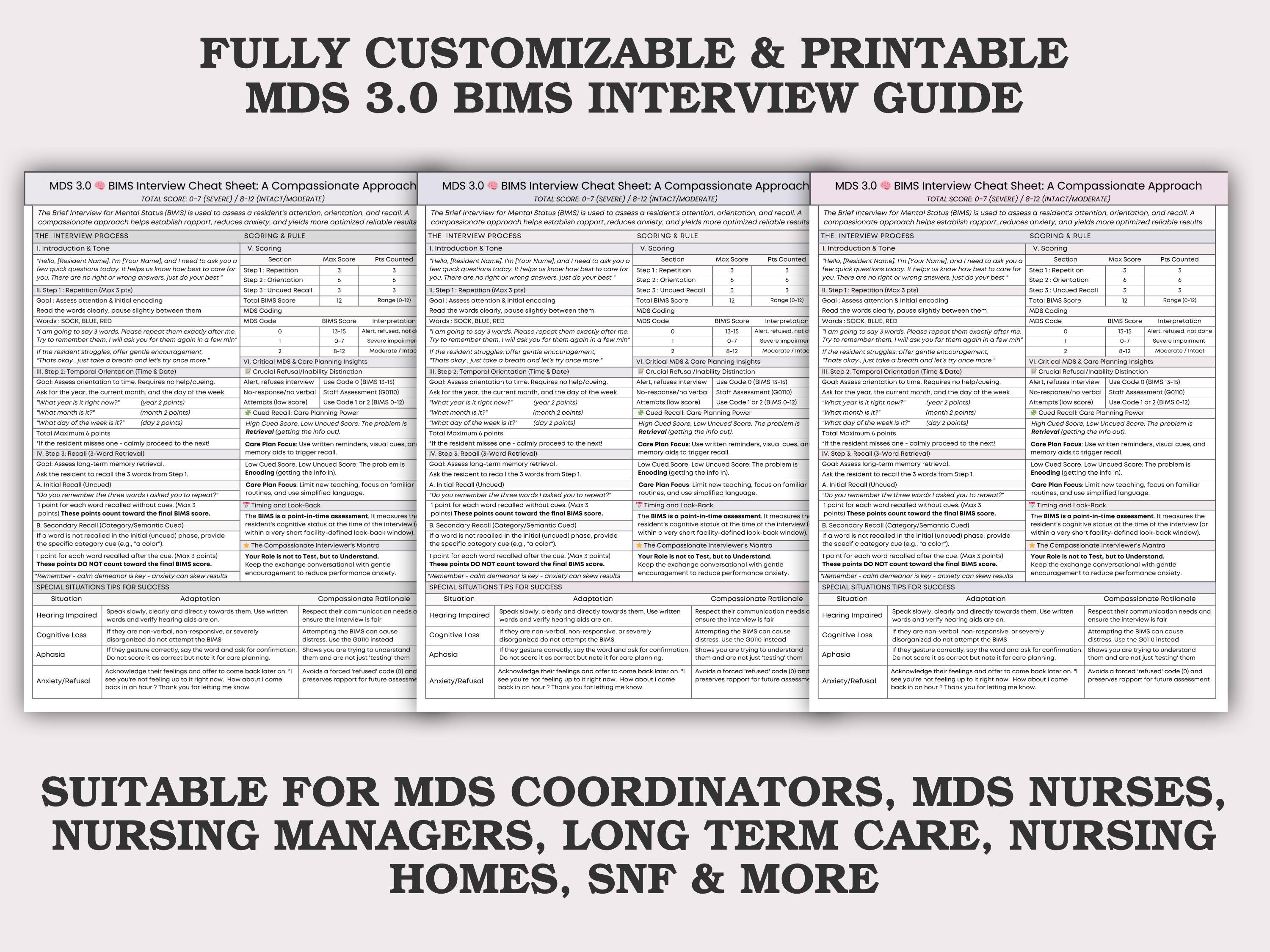 MDS 3.0 BIMS Interview Reference Guide: Assessment Cheatsheet With ...