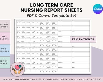 Long Term Care Nursing Report Sheet for 10 Patients,  Ltc, Snf, Lpn, Cna, Skilled Nurses, Shift Handoff Brain Tool, Printable PDF & Canva