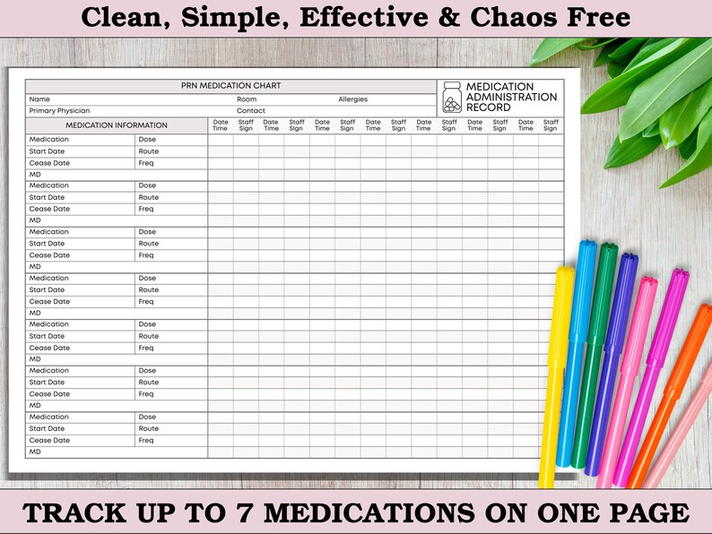 May include: A white medication chart with a grid layout for tracking up to seven medications. The chart includes sections for medication, dosage, and frequency, with colorful markers to the right. Text at the top reads "Clean, Simple, Effective & Chaos Free."