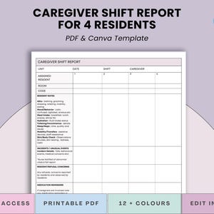 Puede incluir: Una plantilla imprimible en PDF de informe de turno de cuidador para 4 residentes. El documento incluye secciones para la unidad, notas del residente y recordatorios de medicación. La plantilla está disponible en más de 12 colores y se puede editar en Canva.