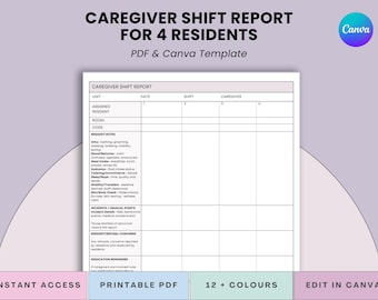 May include: A printable PDF caregiver shift report template for 4 residents. The document includes sections for unit, resident notes, and medication reminders. The template is available in 12+ colors and can be edited in Canva.