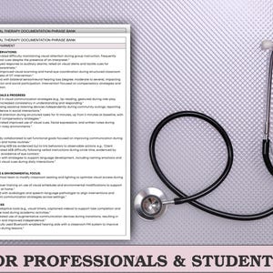 May include: A black stethoscope and a black pen rest on a textured, light purple surface next to a document titled "Occupational Therapy Documentation Phrase Bank." The document includes text about hearing impairment and is labeled "For Professionals & Students."