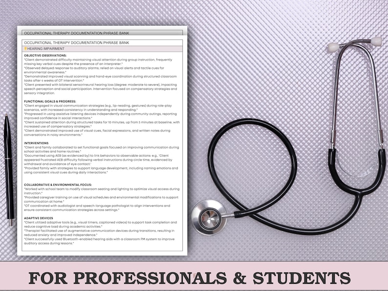 May include: A black stethoscope and a black pen rest on a textured, light purple surface next to a document titled "Occupational Therapy Documentation Phrase Bank." The document includes text about hearing impairment and is labeled "For Professionals & Students."
