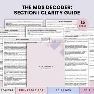 Può includere: Viene visualizzata la Guida alla chiarezza della sezione I del decodificatore MDS, un PDF stampabile di 15 pagine. Il titolo è in grassetto nero. Il logo Canva si trova nell'angolo in alto a destra. Le parole "Accesso immediato", "PDF stampabile" e "Modifica in Canva" sono in basso.