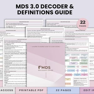 May include: A collection of printable PDF guides titled "MDS 3.0 Decoder & Definitions Guide". The guides are designed for nurses and include detailed information on coding. The image also includes the text "22 pages" and "Edit in Canva".