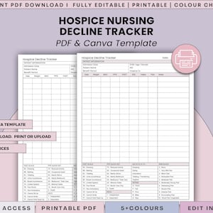 May include: A printable PDF and Canva template titled "Hospice Nursing Decline Tracker." The document features a table for patient information, including date, weight, and pain levels. The design includes the Canva logo and text such as "Instant PDF Download" and "Edit in Canva."