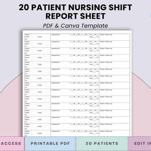Long Term Care Nursing Report Sheet for 20 Patients,  Ltc, Snf, Lpn, Cna, Skilled Nurses, Shift Handoff Brain Tool, Printable PDF & Canva