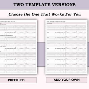 May include: Two versions of a post-surgery medication tracker are displayed. The text "TWO TEMPLATE VERSIONS" and "Choose the One That Works For You" are at the top. One template is prefilled, and the other is blank, with the option to add your own information.