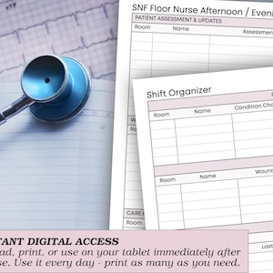 Peut inclure: Un st&eacute;thoscope bleu est pos&eacute; sur un cahier &agrave; c&ocirc;t&eacute; de formulaires en papier blanc. Les formulaires sont intitul&eacute;s "SNF Floor Nurse Afternoon / Evening Organizer" et "Shift Organizer". Le bas de l'image contient le texte "INSTANT DIGITAL ACCESS."