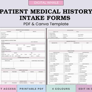 Patient Medical History Intake Form, Healthcare, Clinic, Inpatient & Outpatient New Patient Intake Registration Health History Editable Form