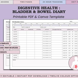 May include: A printable digestive health bladder and bowel diary template featuring a table with columns for time, drinks, awakened, urinated, amount, changed pad or liner, and leaked urine, with a small circular icon showing a human torso.