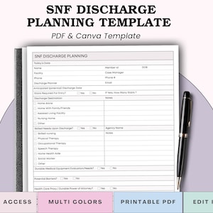 Puede incluir: Una plantilla blanca de planificación de alta de SNF con el texto "PDF & Canva Template". La plantilla incluye campos para la información del paciente, detalles de la planificación del alta y casillas de verificación. Un bolígrafo negro descansa en el lado derecho de la plantilla.