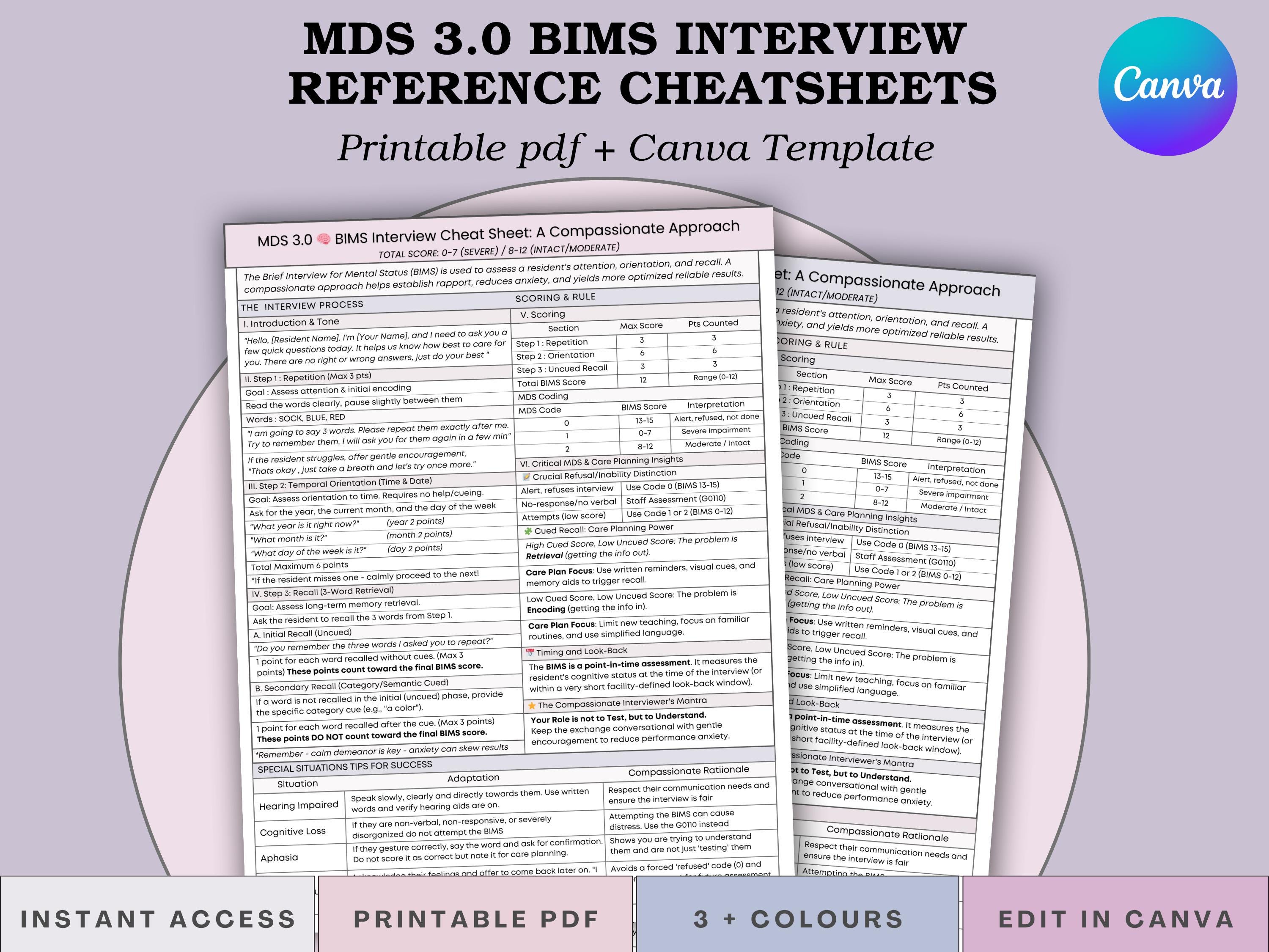 MDS 3.0 BIMS Interview Reference Guide: Assessment Cheatsheet With ...