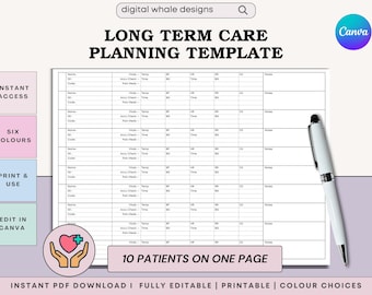 10-Patient Long-Term Care Report Sheet | Printable Nursing Organizer | Vitals, Meds, Accu Check & Notes | PDF and Editable Canva Template