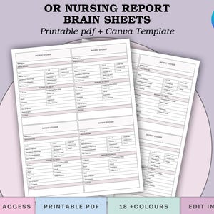 Puede incluir: Dos hojas de informe de enfermería imprimibles en blanco con el texto "OR NURSING REPORT BRAIN SHEETS" y "Printable pdf + Canva Template". La imagen también incluye el texto "INSTANT ACCESS", "PRINTABLE PDF", "18 + COLOURS" y "EDIT IN CANVA".