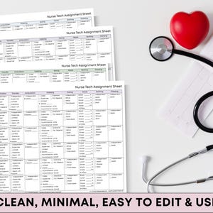 May include: A stack of Nurse Tech Assignment Sheets with a stethoscope and a red heart. The sheets are white with black text and purple and green accents. The text "CLEAN, MINIMAL, EASY TO EDIT & USE" is at the bottom.