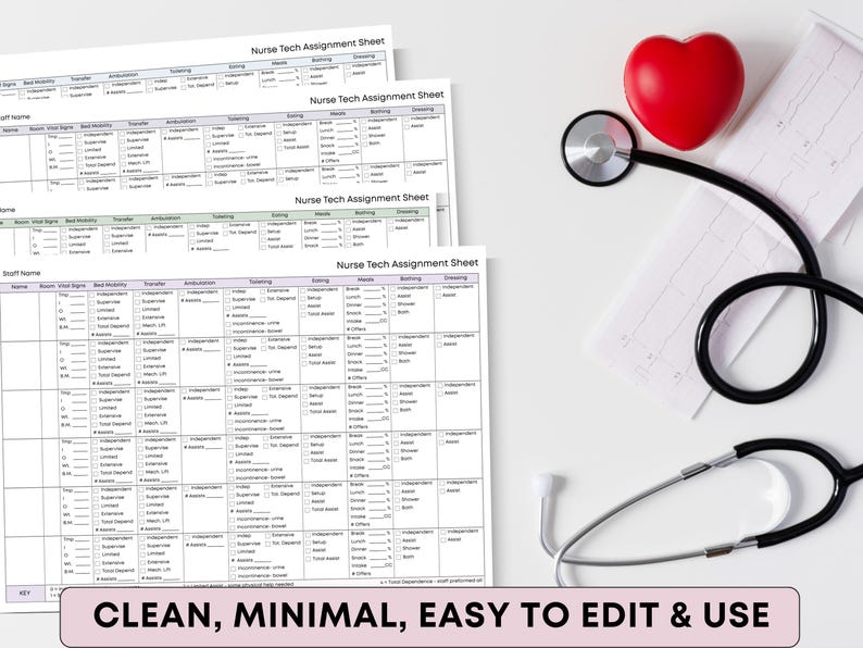 May include: A stack of Nurse Tech Assignment Sheets with a stethoscope and a red heart. The sheets are white with black text and purple and green accents. The text "CLEAN, MINIMAL, EASY TO EDIT & USE" is at the bottom.