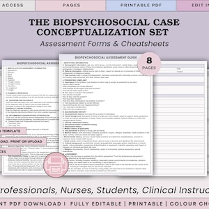 Peut inclure: Ensemble de formulaires d'évaluation et de feuilles de triche intitulé "The Biopsychosocial Case Conceptualization Set". Les formulaires sont destinés aux professionnels, aux infirmières, aux étudiants et aux instructeurs cliniques. Le texte "Instant Download, Print or Upload" est inclus.