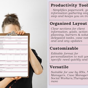 May include: A wooden clipboard holds a case management action plan with a pink and white layout. The text on the right describes the tool as a productivity tool, organized, customizable, and versatile for various professionals.