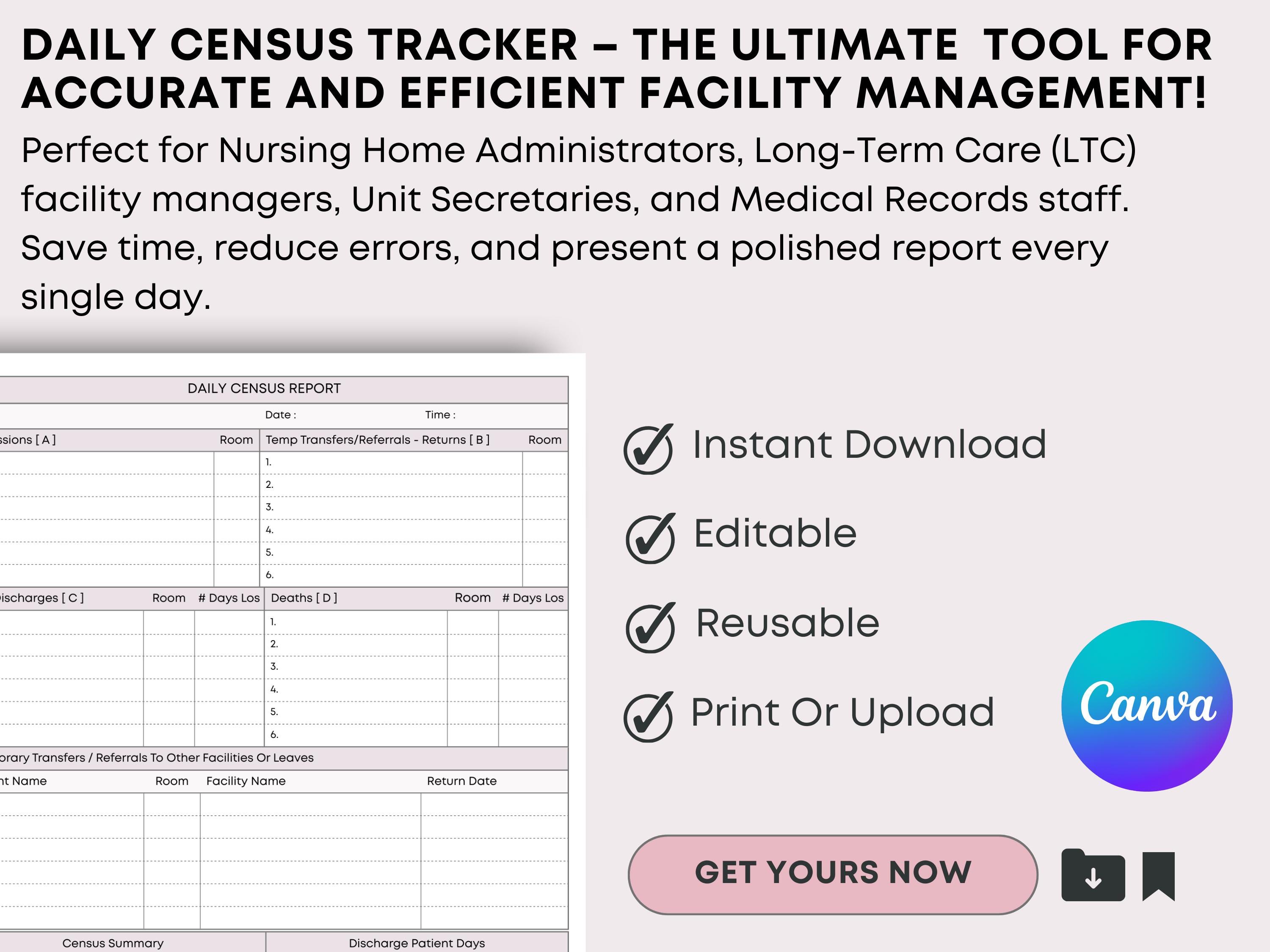 Low Census Rotation Tracker Daily Nursing Census Report Log | ADT Tracker | Patient Days Calculator ...