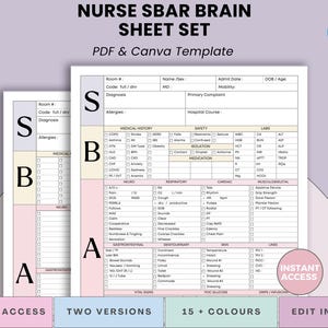 Könnte beinhalten: Ein Satz von Nurse SBAR Brain Sheet Vorlagen im PDF- und Canva-Format. Die Blätter sind weiß mit rosa, gelben und blauen Akzenten und enthalten Abschnitte für die Krankengeschichte, Sicherheit, Labore und mehr. Der Text enthält "Sofortiger Zugriff" und "In Canva bearbeiten".