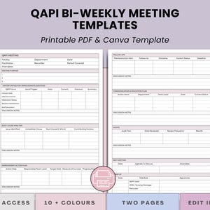 Könnte beinhalten: Druckbare PDF- und Canva-Vorlage für QAPI-wöchentliche Meeting-Vorlagen. Das Dokument enthält Abschnitte für Besprechungsdetails, Verbesserungsmöglichkeiten, Ursachenanalyse und Aktionspläne. Die Vorlage ist in über 10 Farben erhältlich und in Canva bearbeitbar.