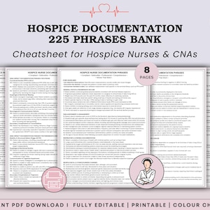 May include: A digital document titled Hospice Documentation 225 Phrases Bank, a cheatsheet for hospice nurses and CNAs. The 8-page PDF includes sections on functional decline, pain assessment, and neurological status with a nurse icon.