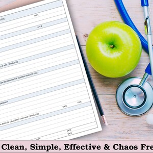 May include: A medical-themed image featuring a Delegation Documentation form, a green apple, a stethoscope, and a pencil. The form has lines for information. The text at the bottom reads "Clean, Simple, Effective & Chaos Free."