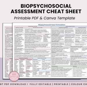 May include: A printable PDF and Canva template titled "BIOPSYCHOSOCIAL ASSESSMENT CHEAT SHEET." The document features a detailed chart with sections on biological, psychological, and social factors. The design includes color choices and instant access.