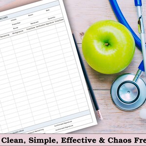 May include: A medical-themed image featuring a green apple, a stethoscope, a pencil, and a printed form labeled "NARCOTIC COUNT RECORD." The form is on a light brown surface. The text "Clean, Simple, Effective & Chaos Free" is at the bottom.