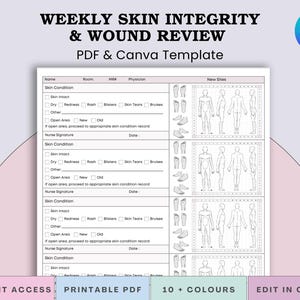 May include: A printable PDF and Canva template for weekly skin integrity and wound review. The form includes sections for skin condition, new sites, and nurse signatures. The template is available in 10+ colors and can be edited in Canva.