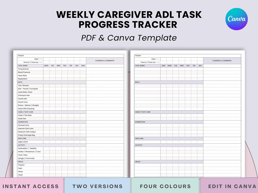 LTC、CNA、看護師、介護者、介助者向けADL週次進捗チャート - トラッカーシート（PDF + Canva） - Etsy 日本